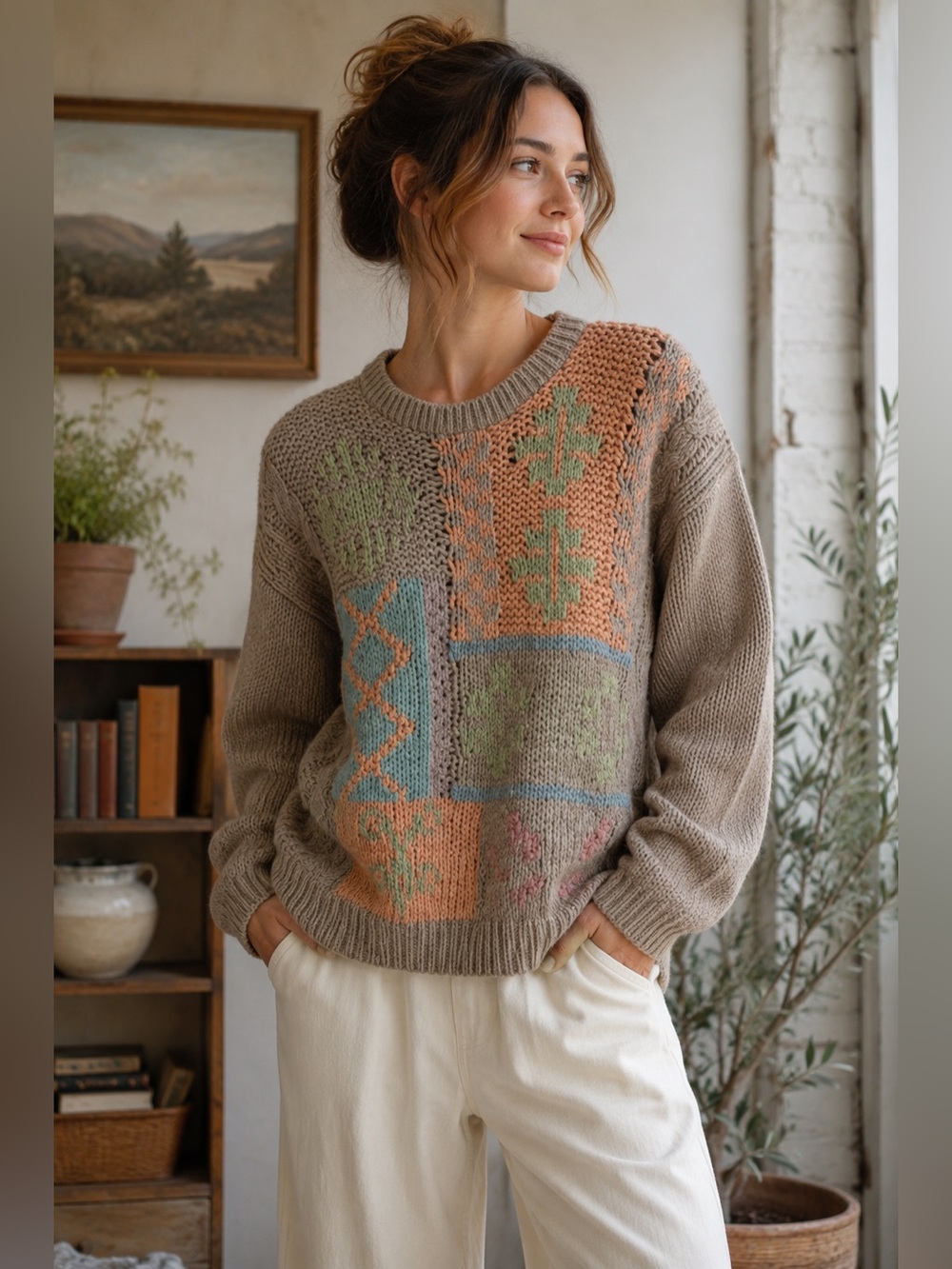 Vintage JJ Fargo Hand Knit Patchwork Sweater Cottagecore Folk Grandpa Cozy L